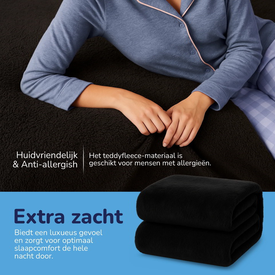 Zacht hoeslaken van teddy 1 persoons zwart
